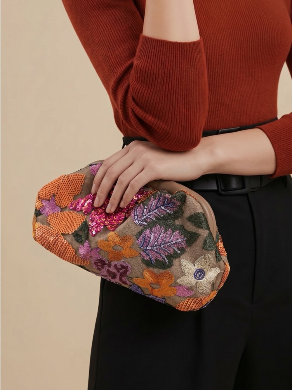 Embroidered Floral Beaded Clutch Bag in Multi